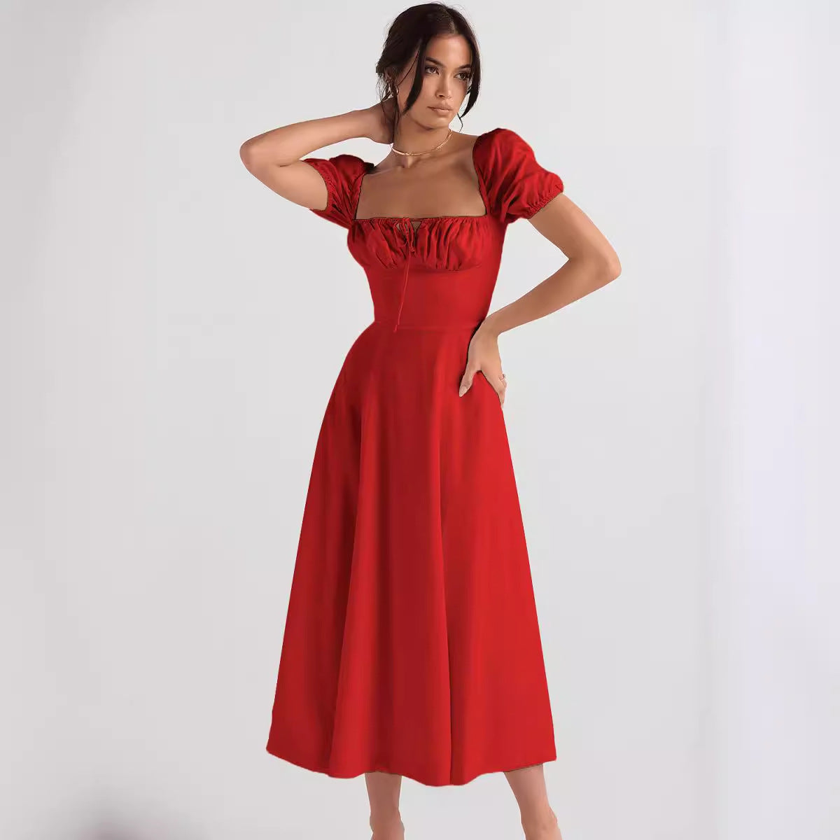 Women's Summer Solid Color Flower Printed Puff Sleeve Lace-Up Split a Line Dress