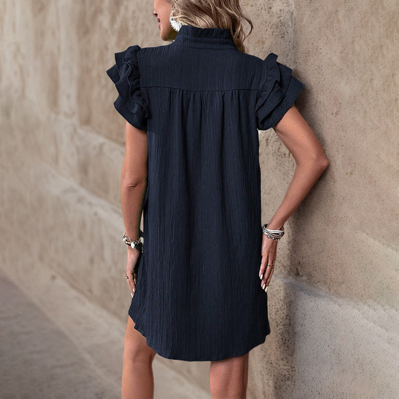 Women's Casual Solid Color Multi-Layer Lotus Leaf Sleeve V-Neck Dress