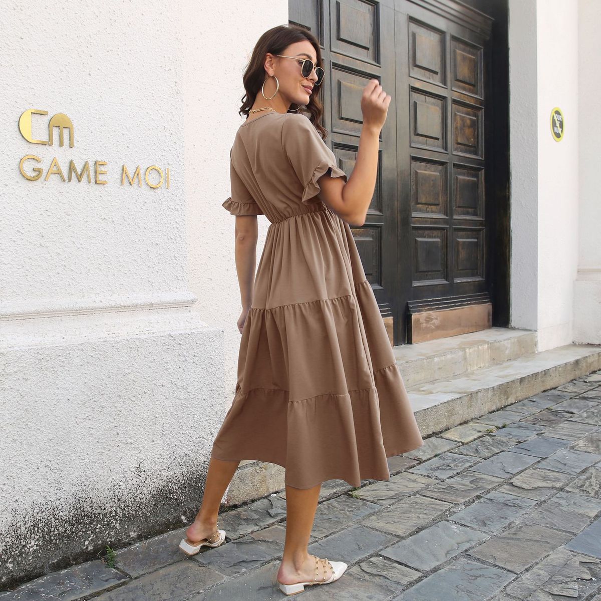 Women's Casual Summer Solid Color V-Neck Short Sleeve Ruffled Layered Dress