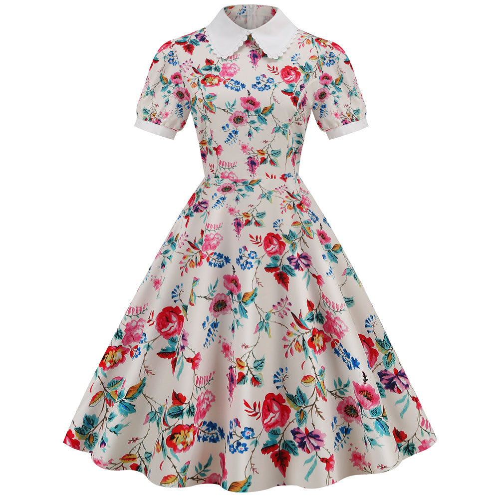 Women's Vintage Summer Floral Printed Short Sleeve Doll Collar Large Swing Dress