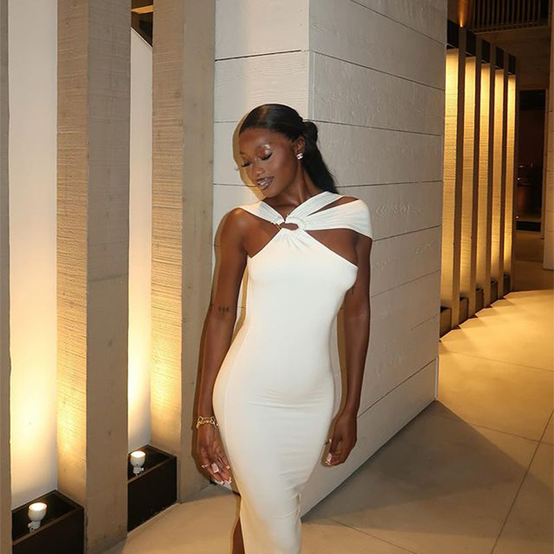 Women's Sexy Backless Metal Buckle Sleeveless Midi Dress