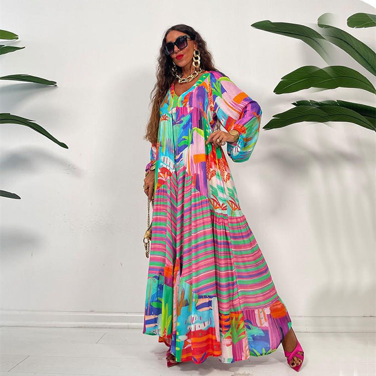 Oversized V-Neck Printed Long Sleeve Loose Dress