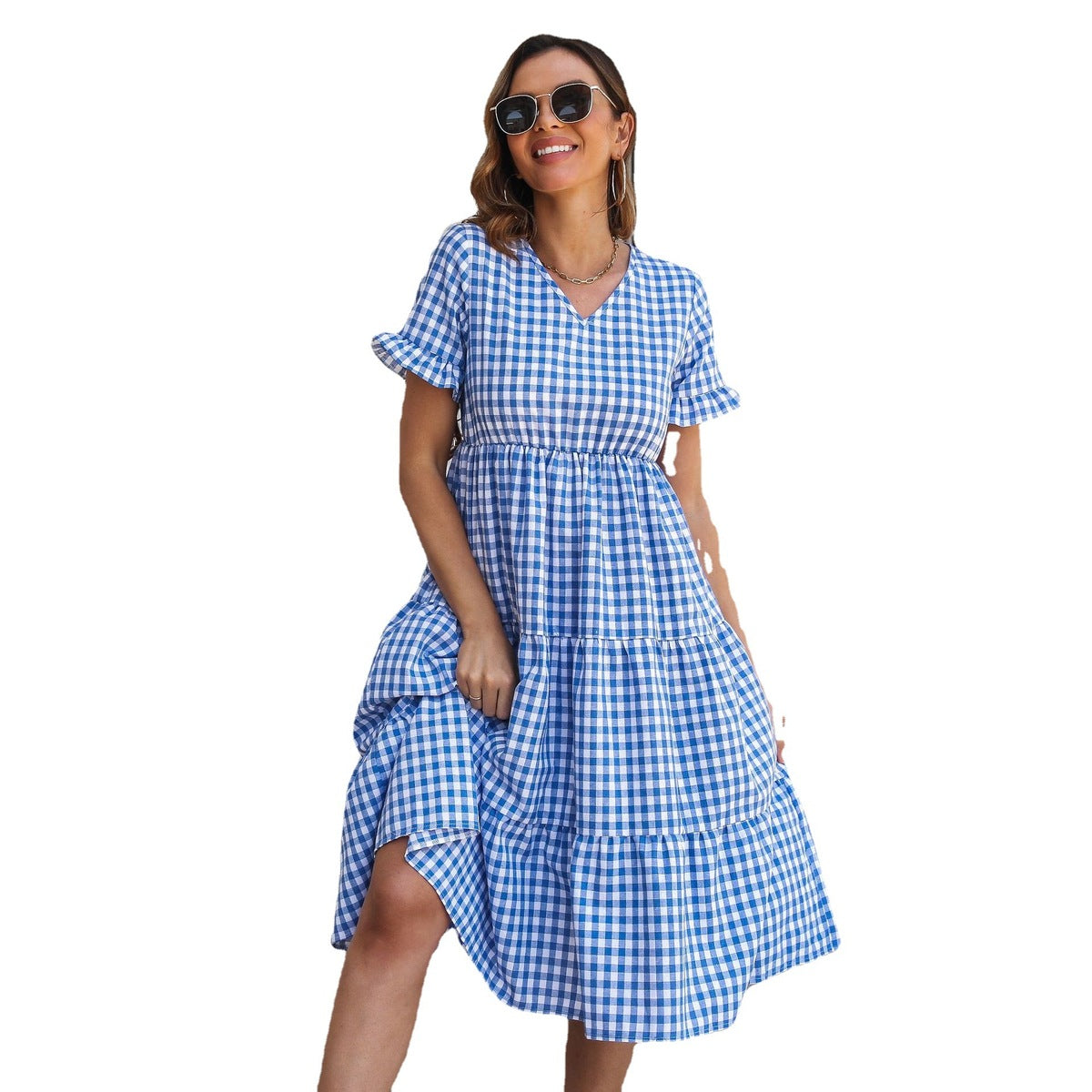 Women's Casual Plaid Printed V-Neck Short Sleeve Ruffled Large Swing Dress