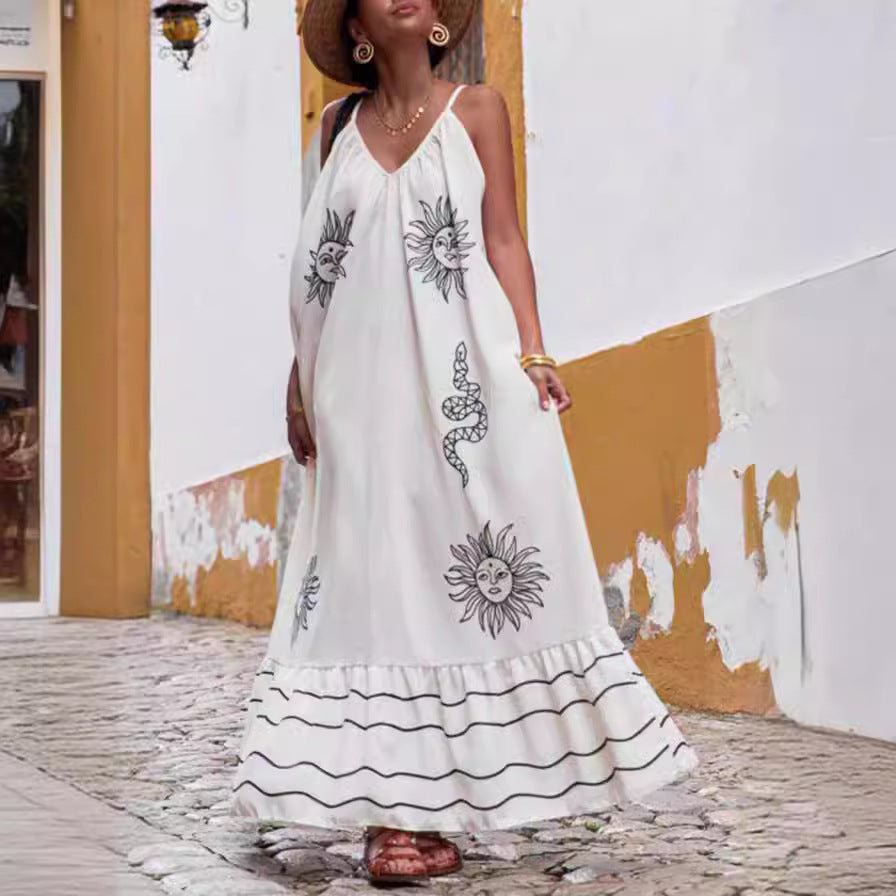 Women's Summer Casual Floral Print V-Neck Sling Maxi Dress