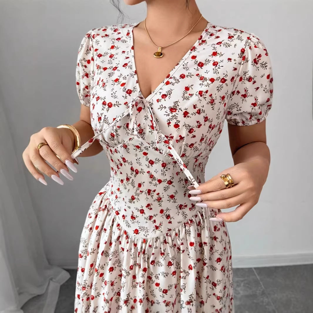 Women's Casual Summer Flower Printed V-Neck Short Sleeve A-Line Dress