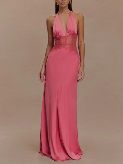 Women's Sexy Silk Satin Lace Stitching Halter-Neck Lace-Up Dress