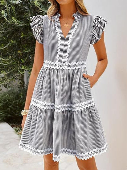 Women's Contrast Color Stripe Stitching V-Neck Lotus Leaf Sleeve A-Line Dress