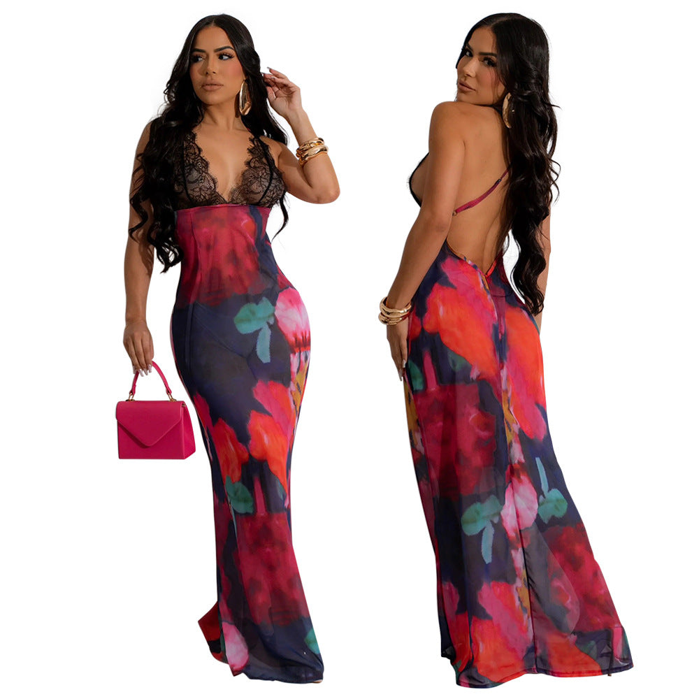 Women's Sexy Printed Lace V-Neck Backless Long Dress