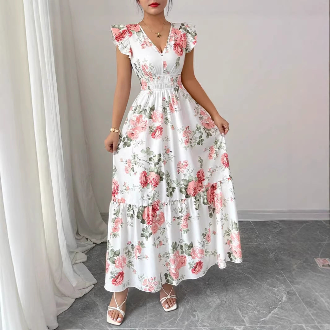 Women's Casual Elegant Summer Floral Print Hem V-Neck Short Sleeve A-Line Dress