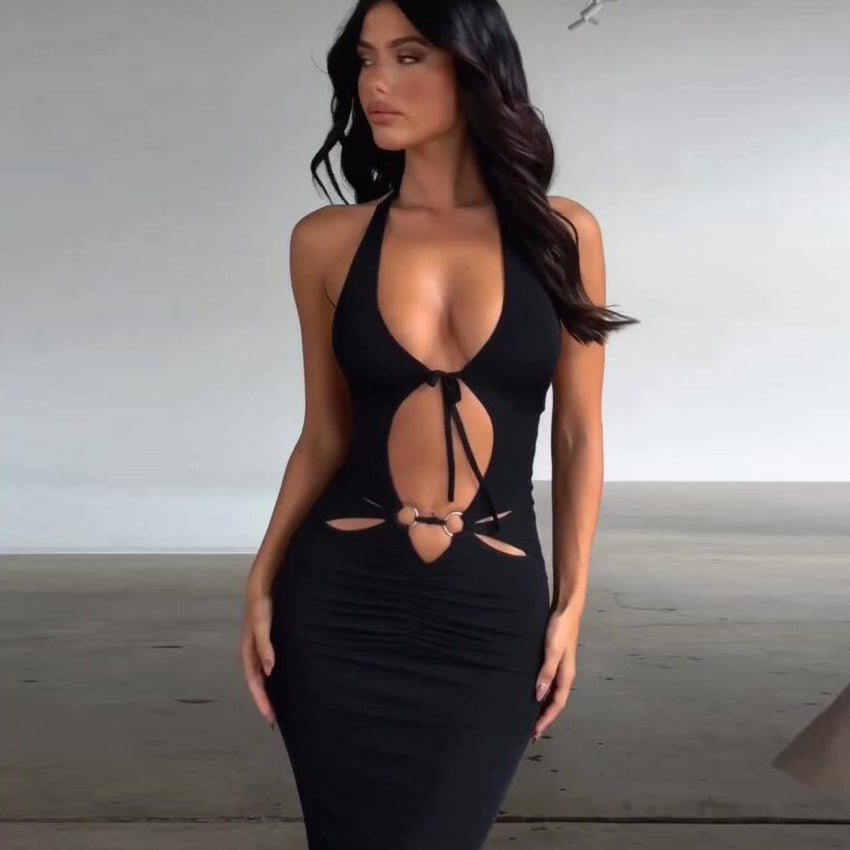 Women's Summer Sexy Deep V-Strap Hollow Open Back Split Maxi Dress