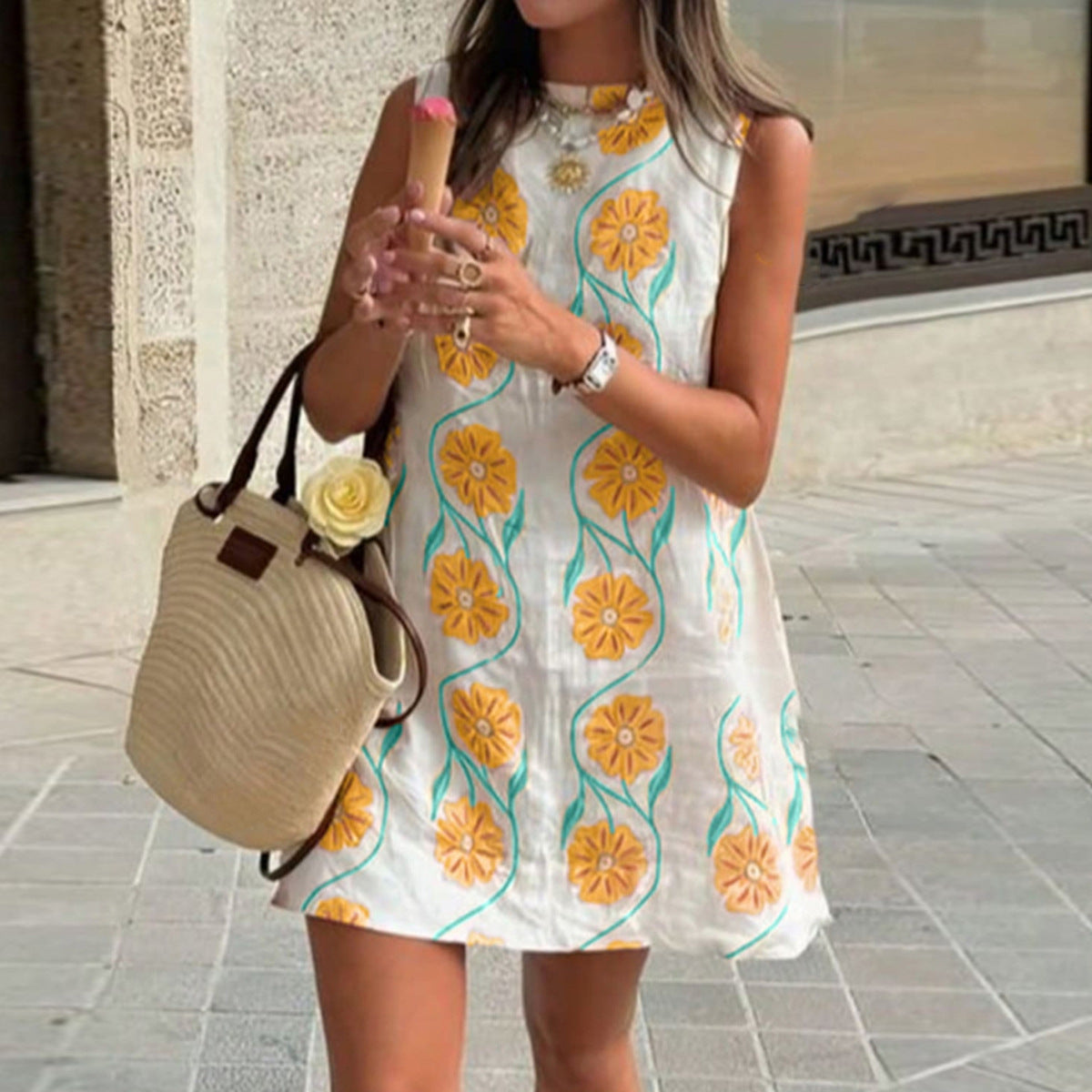 Women's Casual Floral Printed Round Neck Sleeveless A-Line Dress