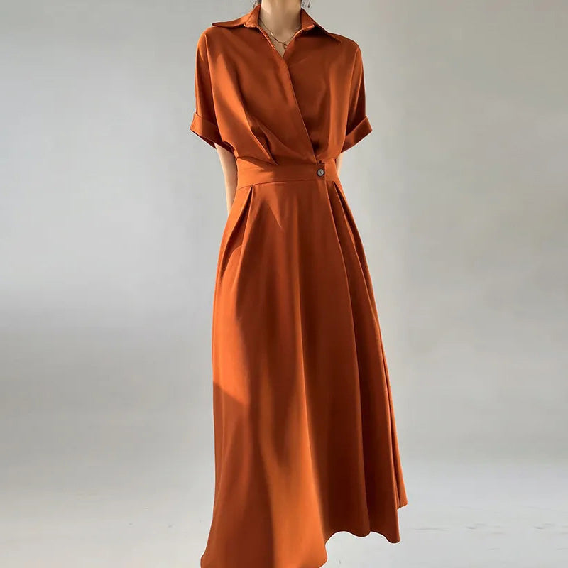 Women's Casual Summer Office Solid Color Lapel Short Sleeve Loose Dress