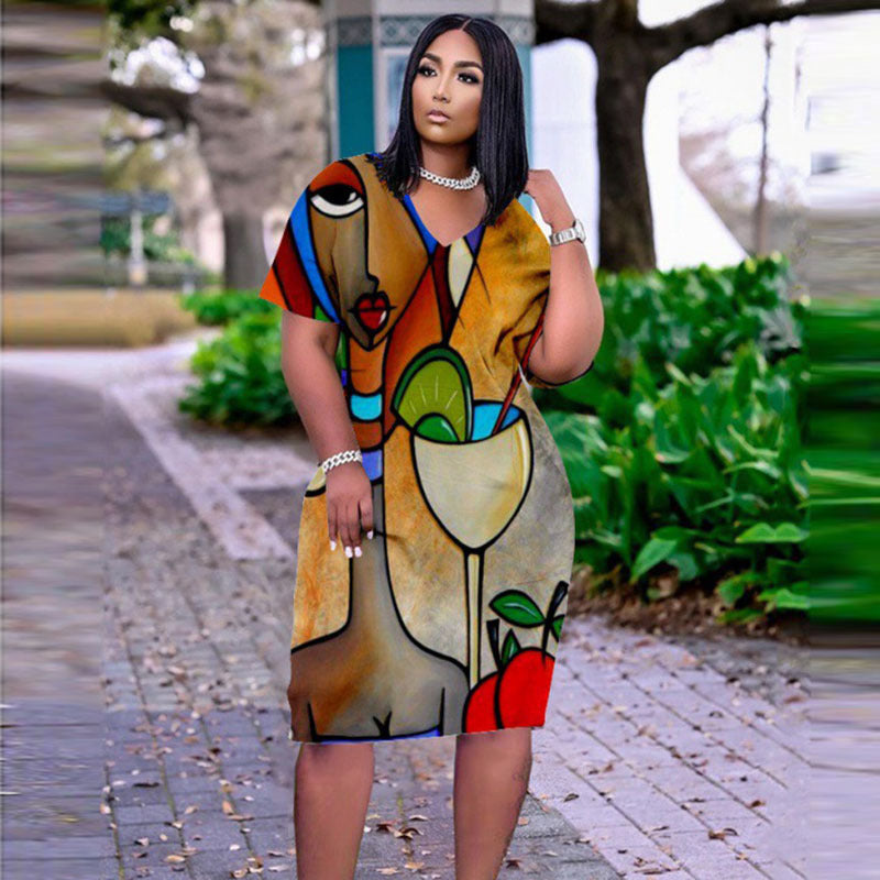 Women's Multicolor Human Avatar Printed V-Neck Short Sleeve Mid-Length Dress