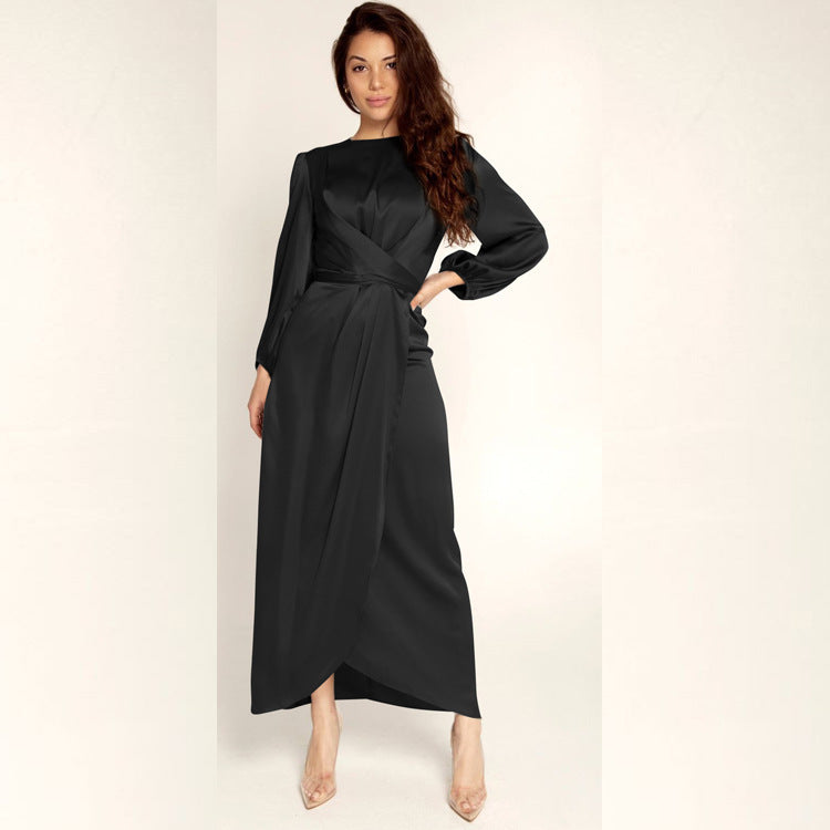 Women's Elegant Basic Long Sleeves Solid Color Satin Maxi Dress