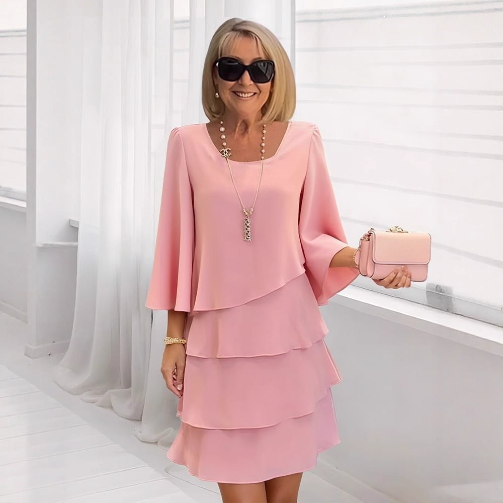 Women's Spring and Summer Solid Color Round Neck Long Sleeve Layered Dress