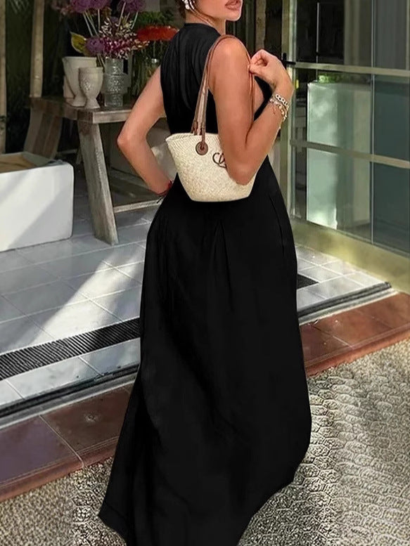 Women's Casual Summer Solid Color Sleeveless Zipper Long A-Line Dress