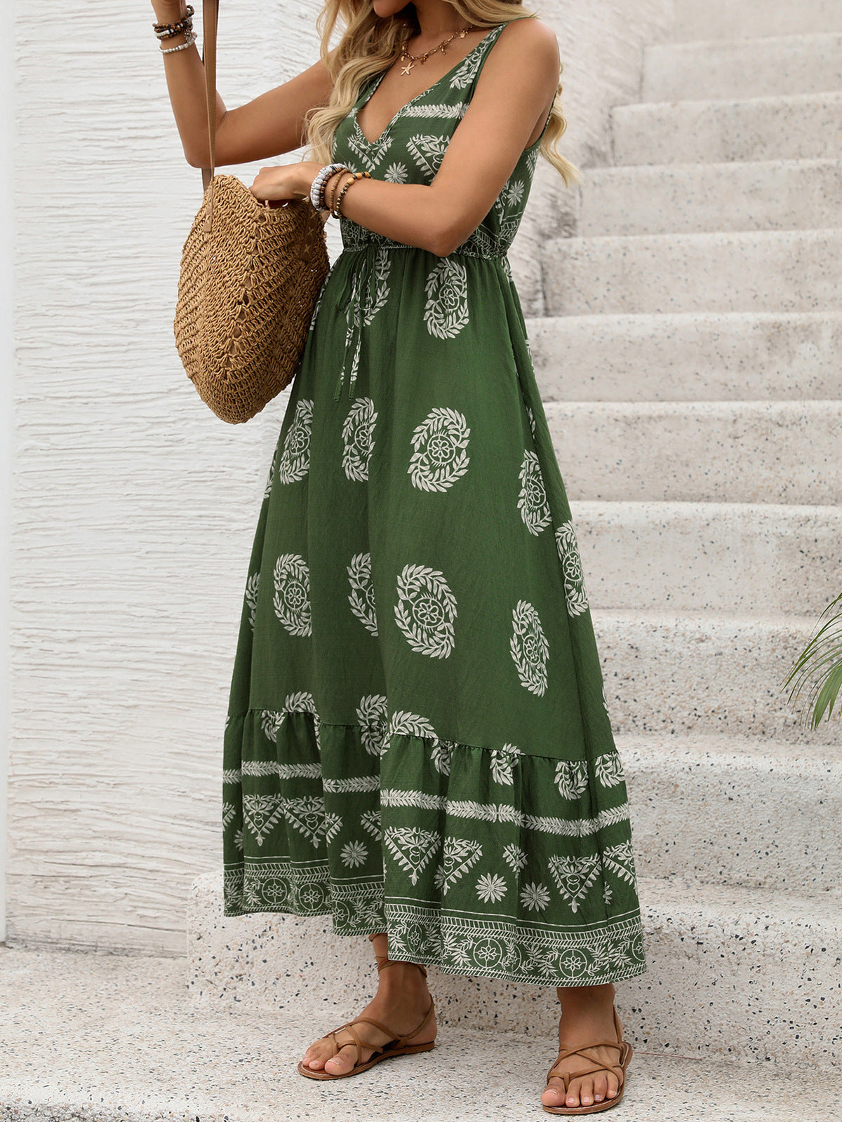 Women's Casual Summer Boho Vacation Printed V-Neck Sleeveless Loose Dress