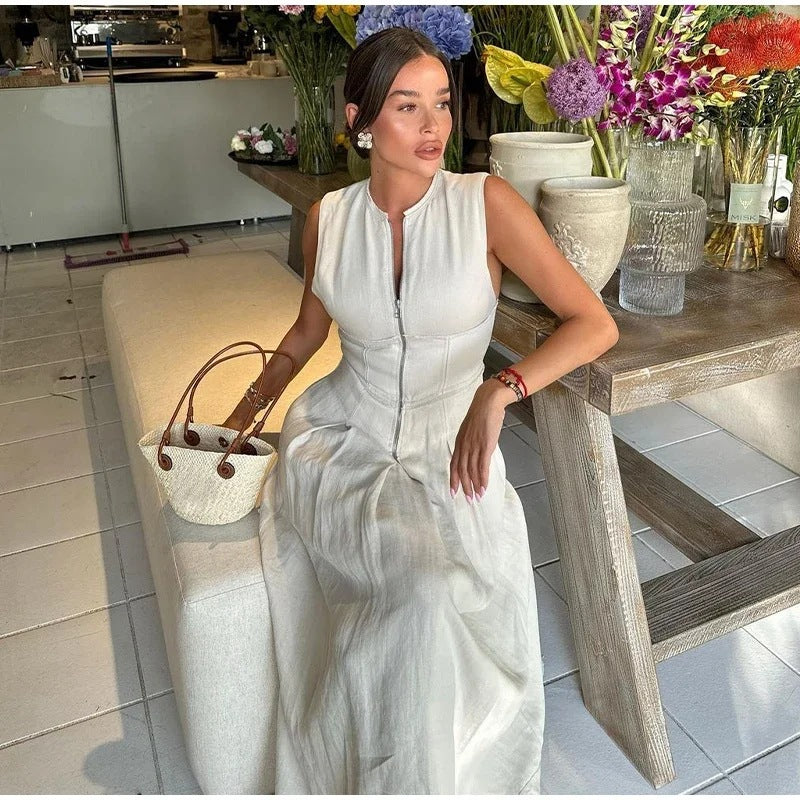 Women's High Waist Sleeveless Zipper Maxi Dress-Style