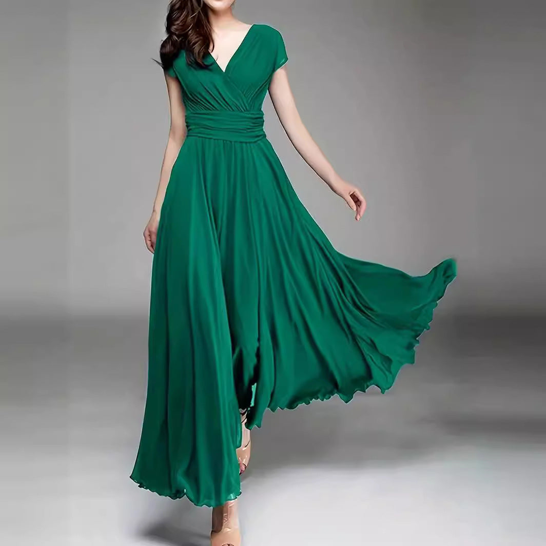 Women's Elegant Solid Color V-Neck Short Sleeve Chiffon Maxi Dress