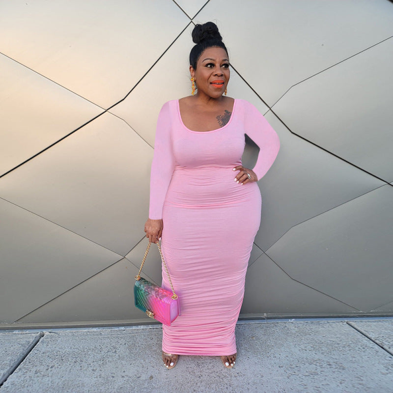 Women's Plus Size U-Neck Long Sleeve Tight Maxi Dress