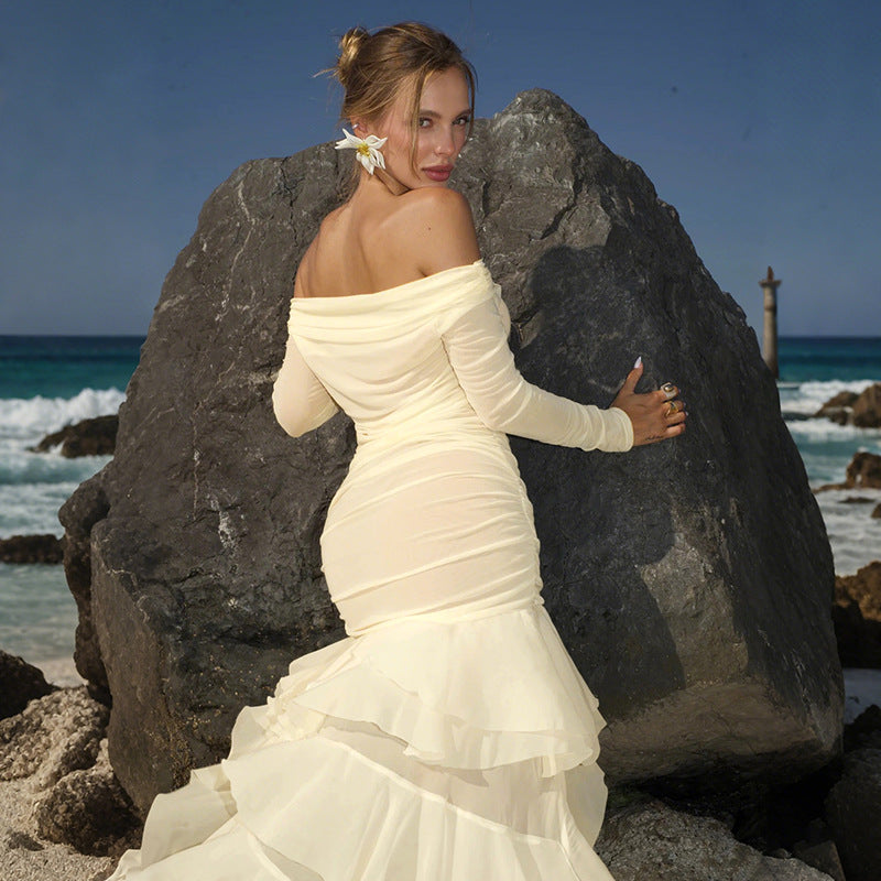 Summer Personality Temperament Off-Shoulder Mesh Stitching Perspective Dress