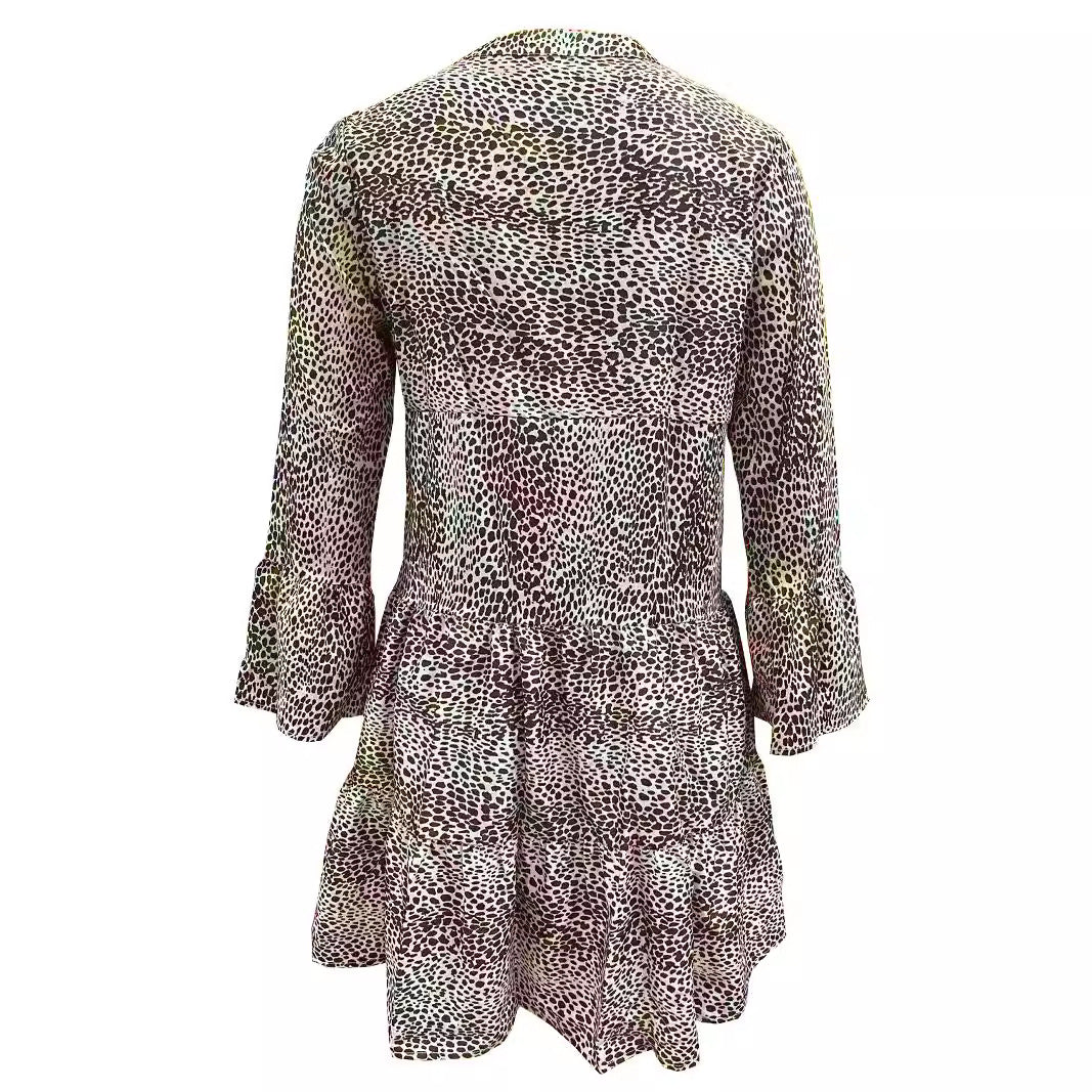 Women's Casual Leopard Print V-Neck Long Sleeve Loose Midi Dress