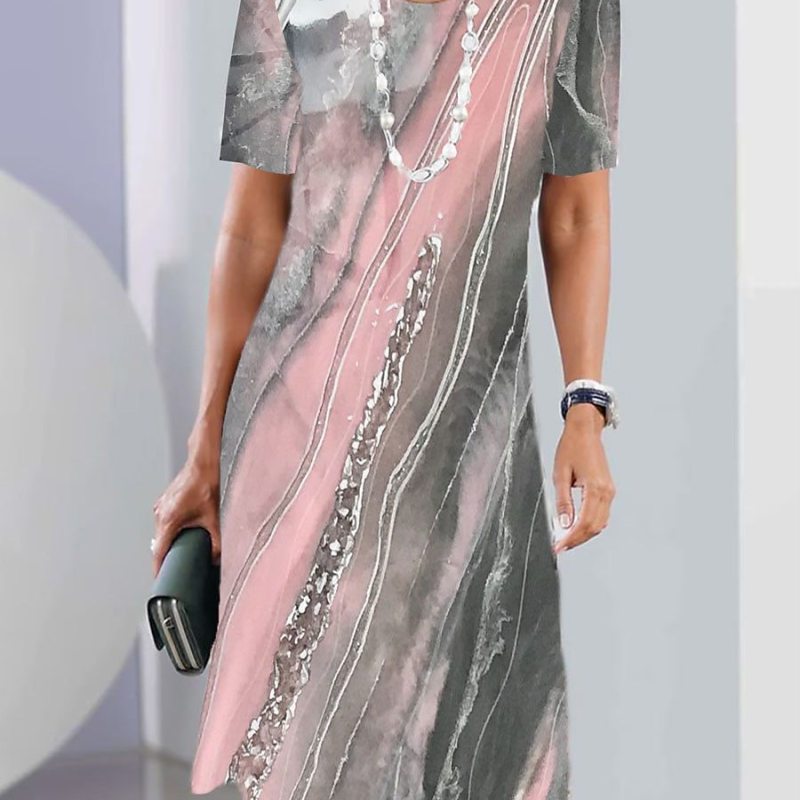 Women's Casual Geometric Print High Waist Midi Dress, Round Neck