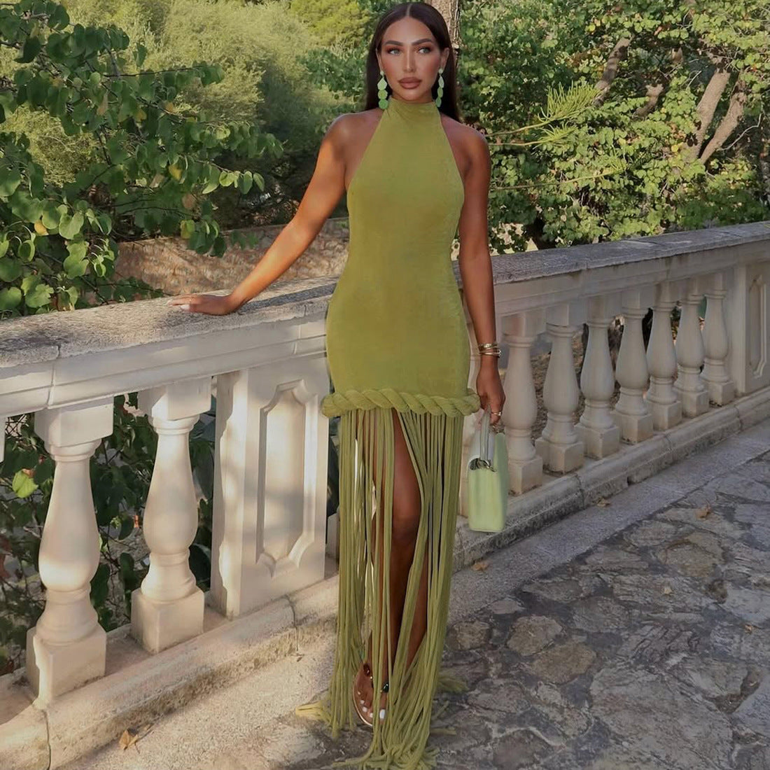 Women's Sexy Solid Color Halter-Neck Backless Tassel Dress