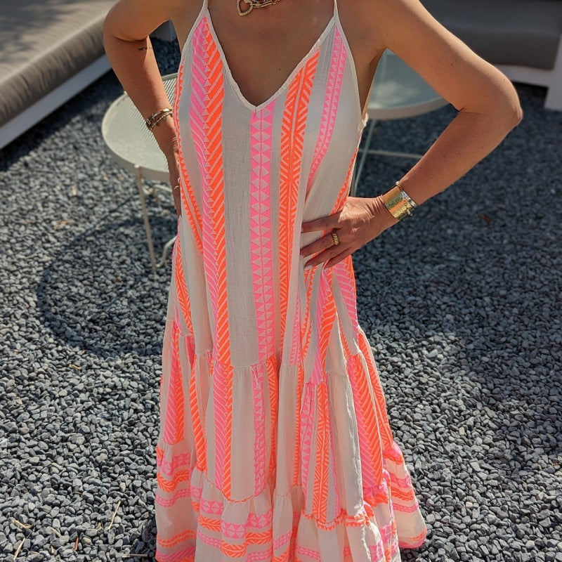 Women's Casual V-Neck Strap Geometric Print Maxi Dress