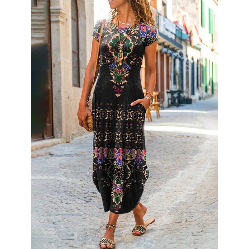 Women's Casual Geometric Floral Print Round Neck Short Sleeve Maxi Dress