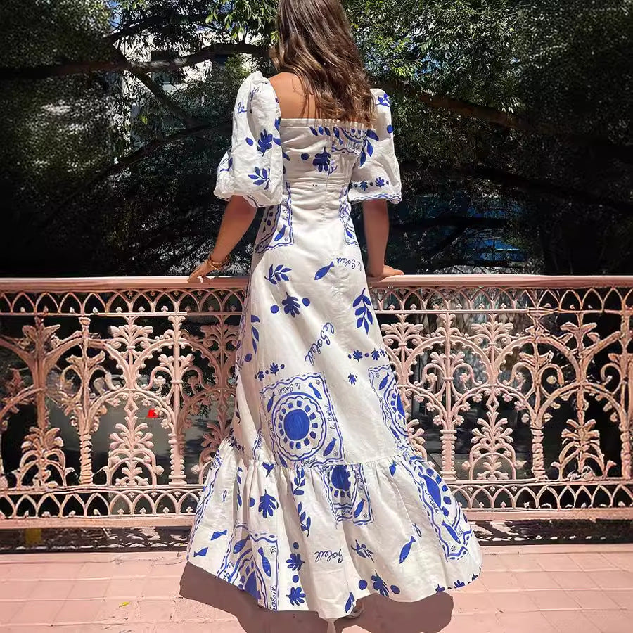Women's Casual Square Collar Floral Print Maxi Dress