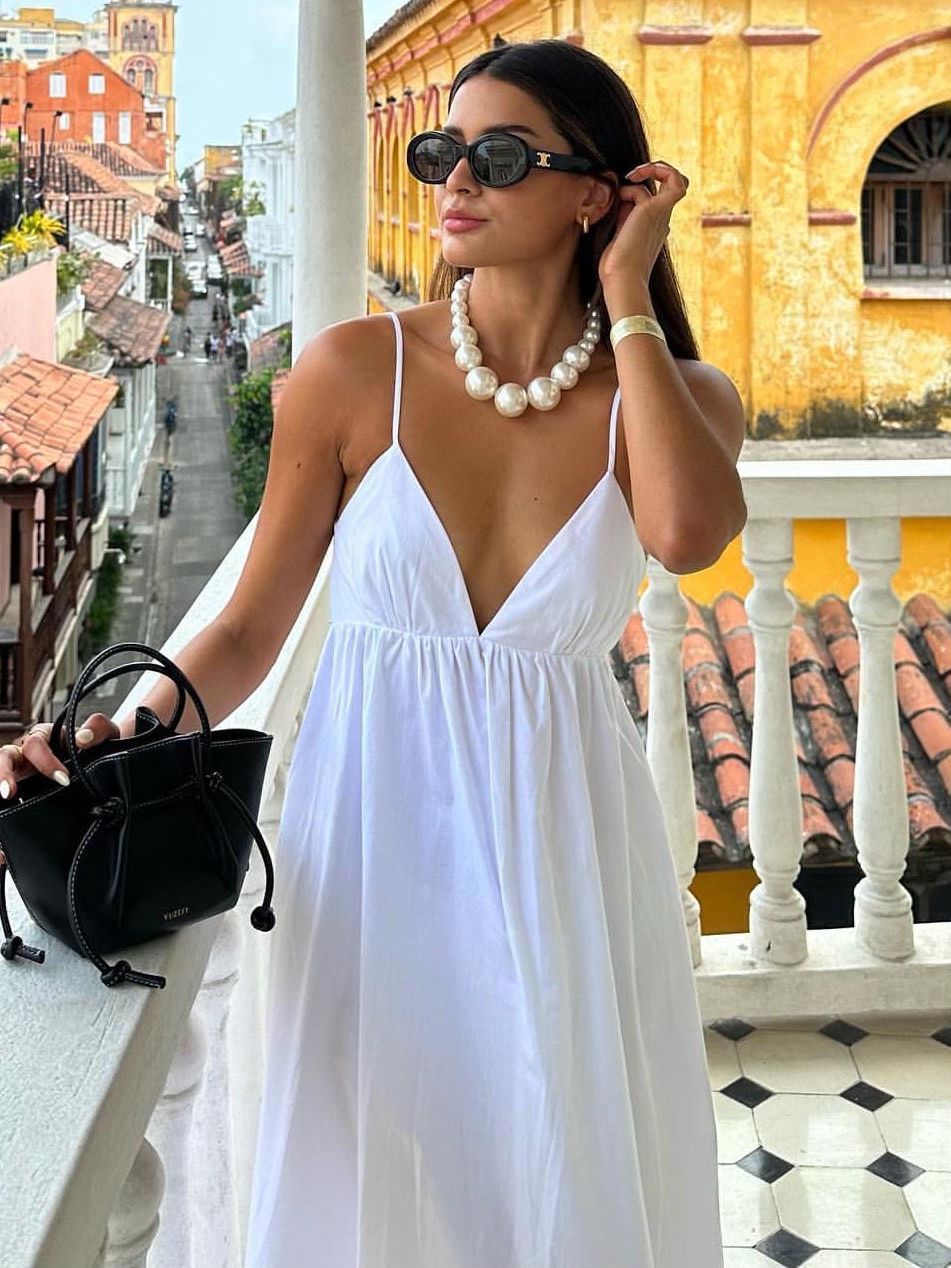 Women's Summer Casual Solid Color V-Neck Strap Backless Midi Dress