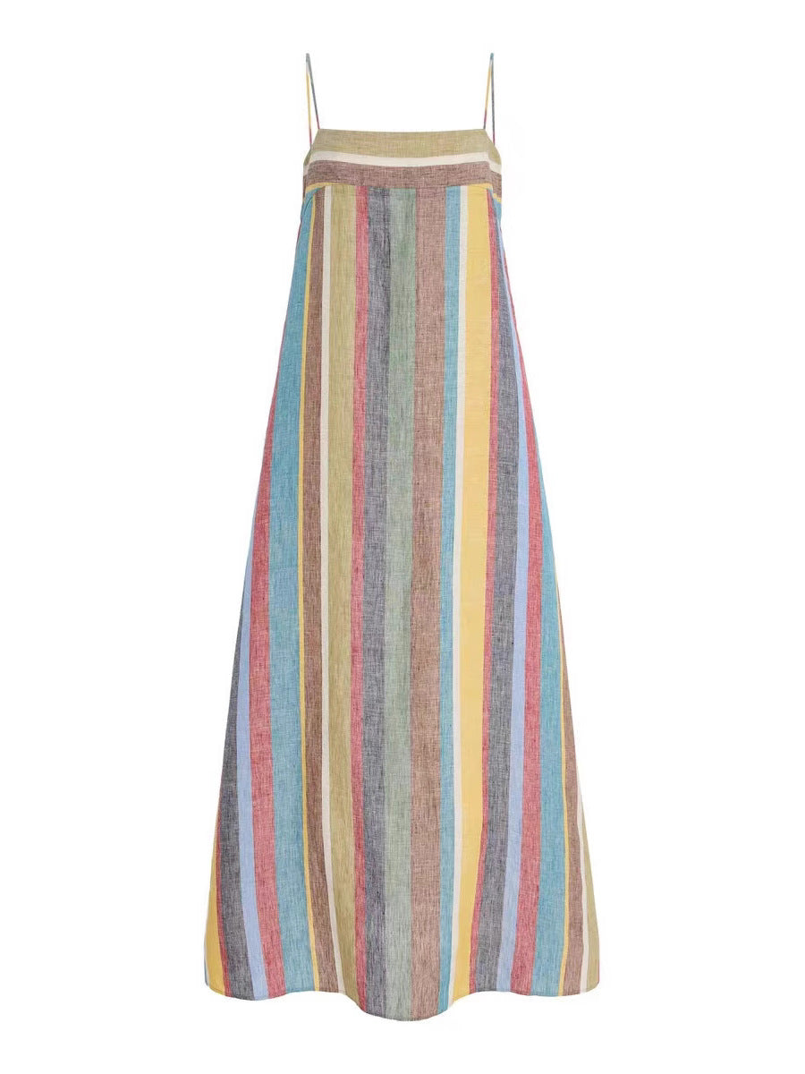 Women's Summer Rainbow Stripe Loose Strap Maxi Dress