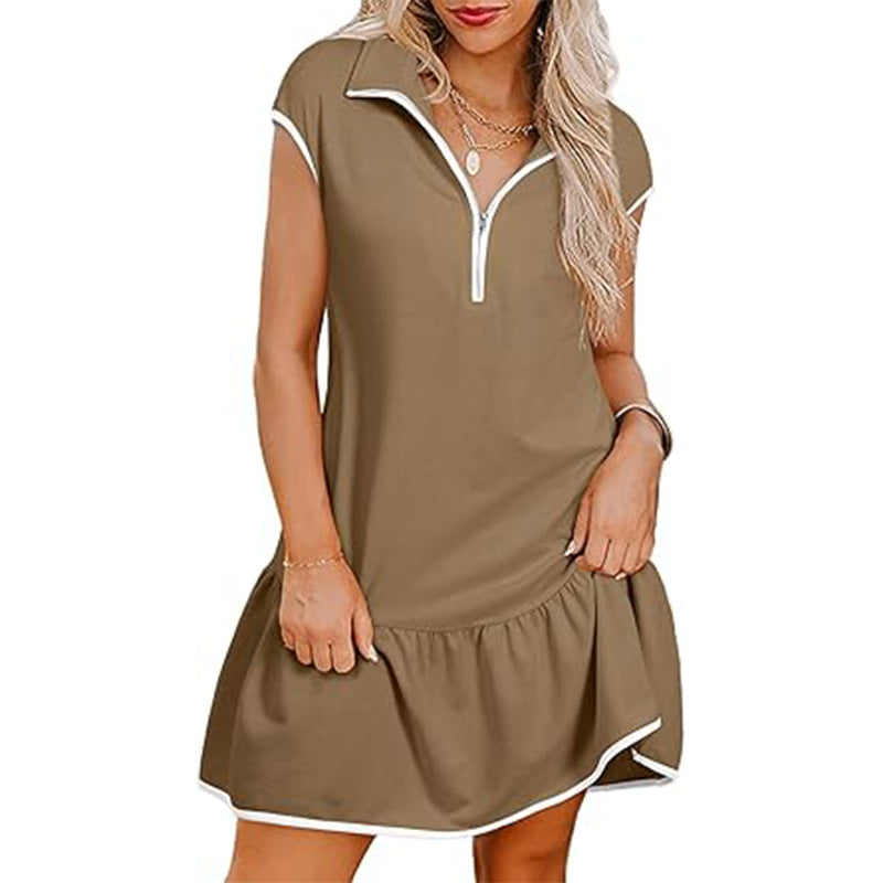 Women's Casual Color Block Short Sleeve Zipper Pullover Dress