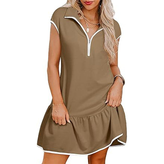 Women's Casual Color Block Short Sleeve Zipper Pullover Dress