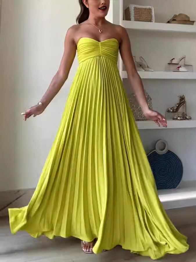 Women's Solid Color Strapless Pleated Maxi Dress