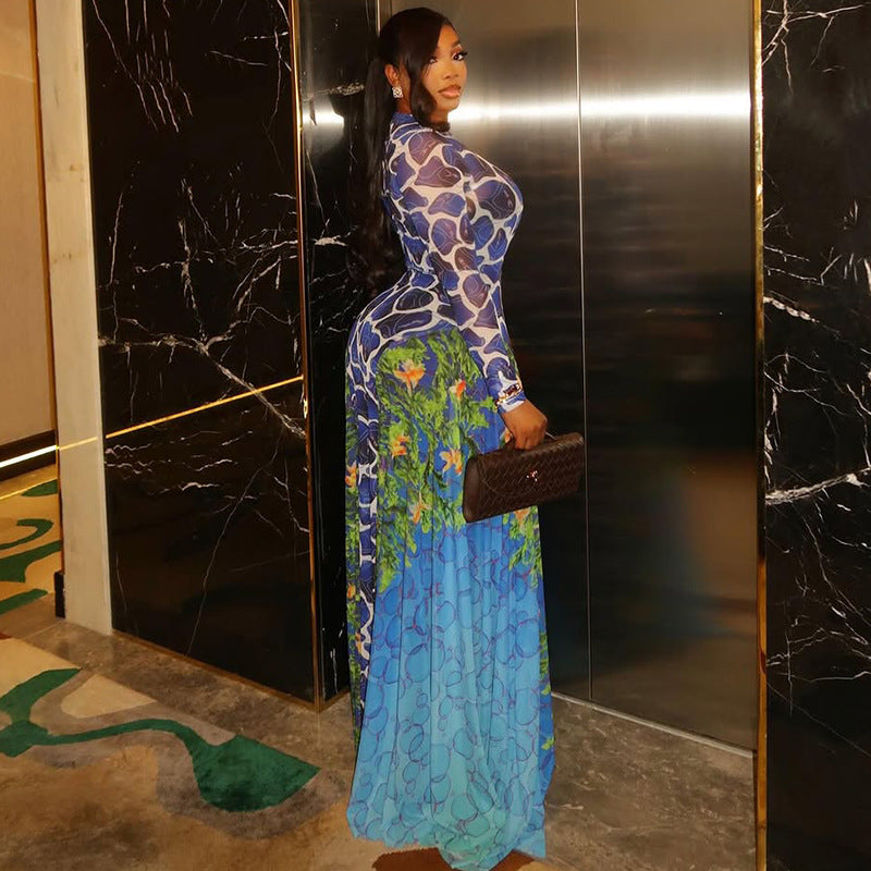 Women's Sexy Printed Micro-Transparent High Neck Long Sleeve Dress