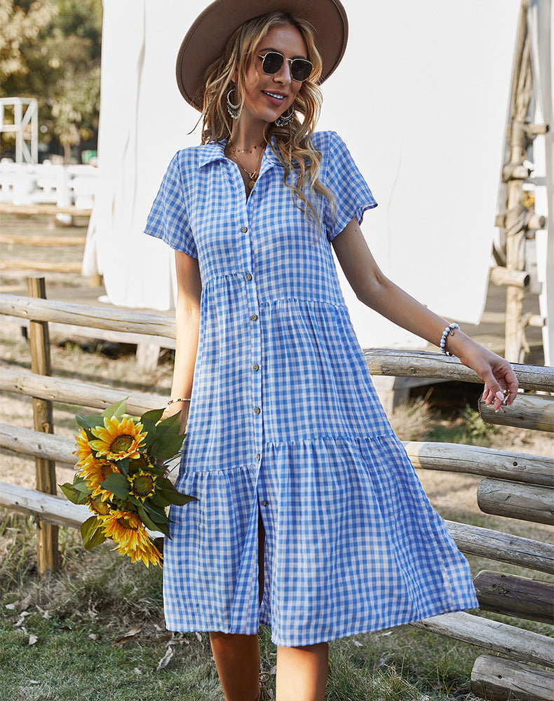 Women's Casual Plaid Single Breasted Lapel Short Sleeve Midi Dress