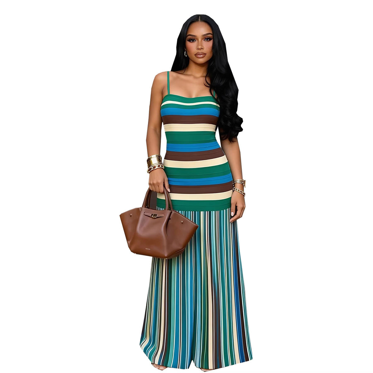 Women's Summer Vacation Stripe Print Sling Maxi Bodycon Dress