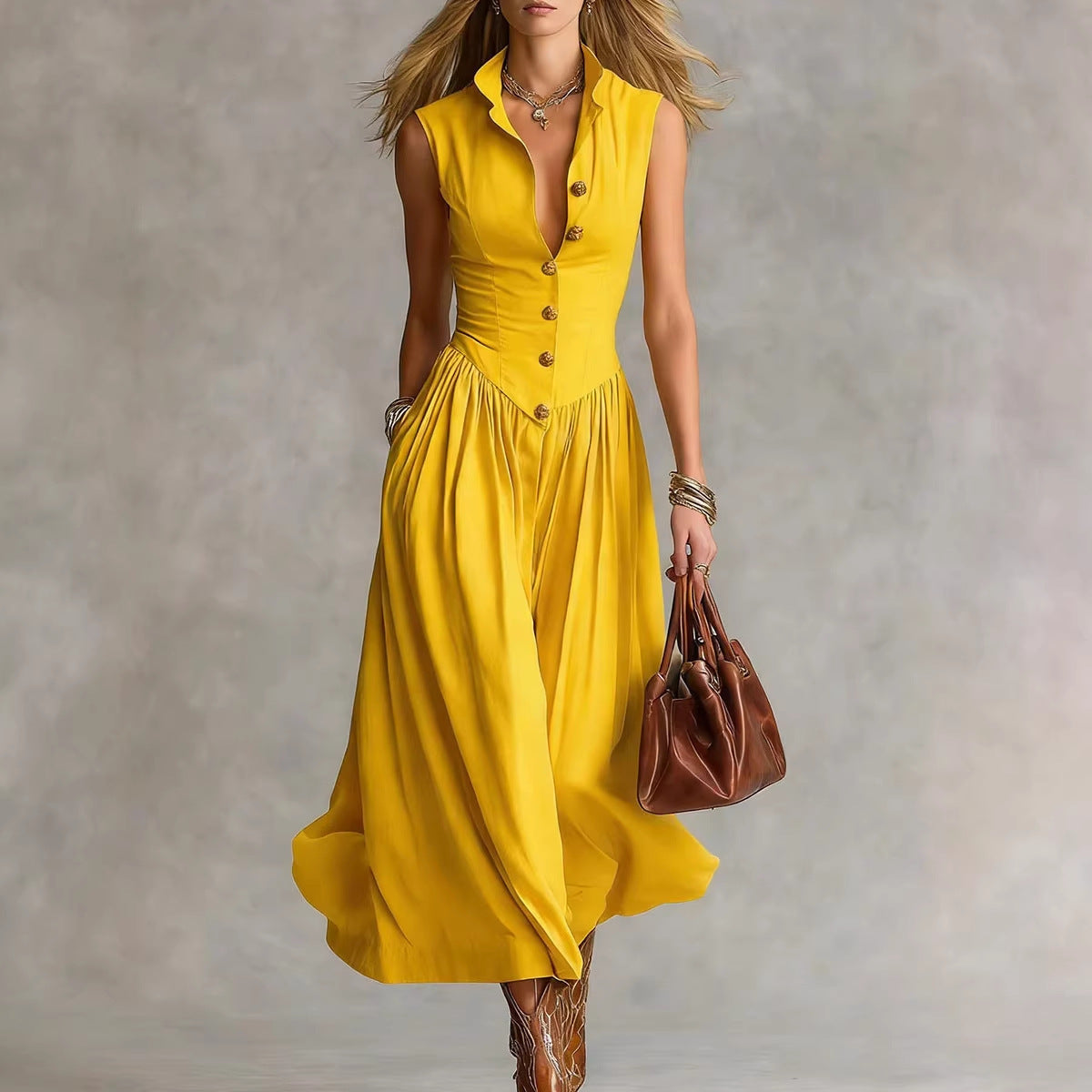 Women's Elegant Spring Solid Color Lapel Sleeveless A-Line Dress