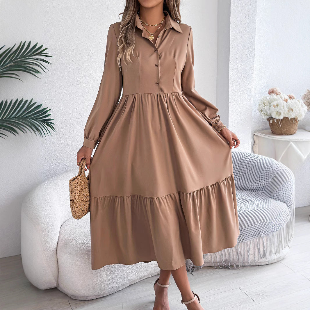 Women's Spring Casual Loose Long Sleeve Ruffled Shirt Dress