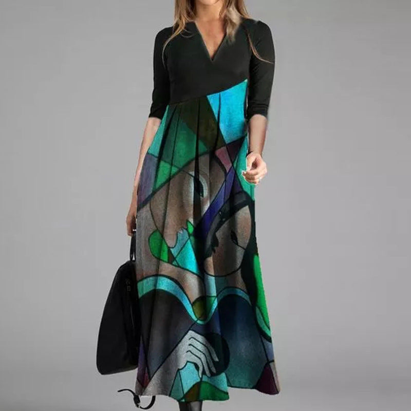 Women's Casual Geometric Print Maxi Dress, with V-Neck