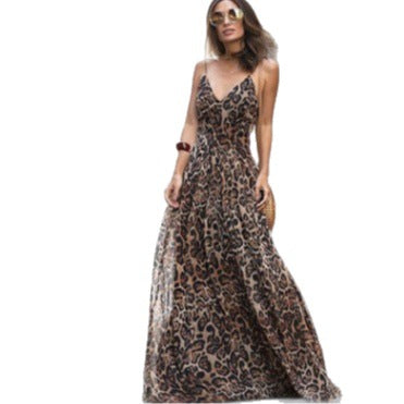Women's Sexy Leopard Printed V-Neck Spaghetti Strap Chiffon Dress