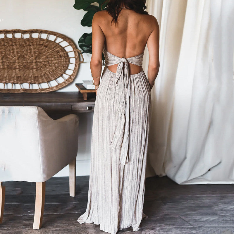 Women's Summer Solid Color Sexy Backless U-Collar Strap Maxi Dress