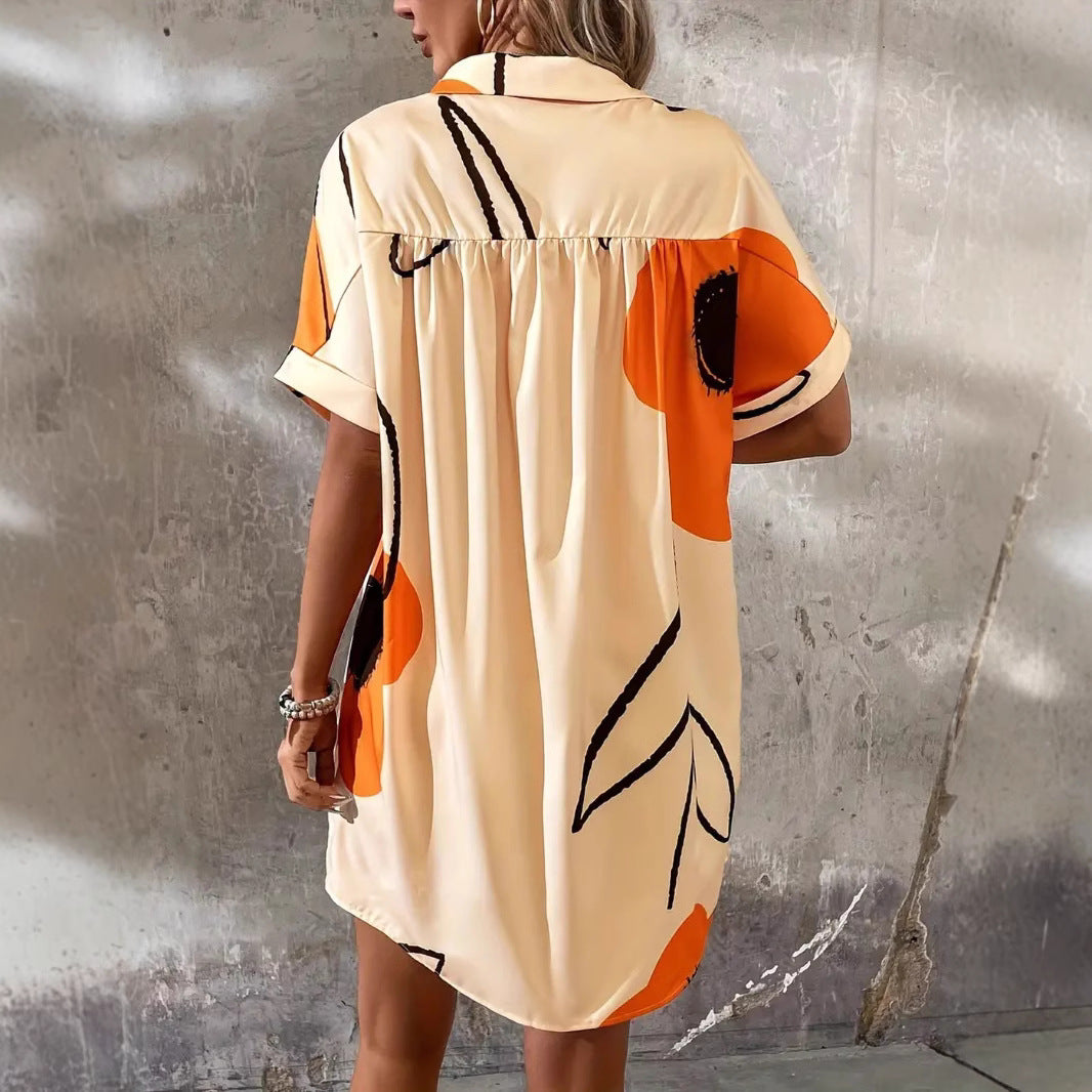 Women's Casual Printed Lapel Short Sleeve Loose Cardigan Dress