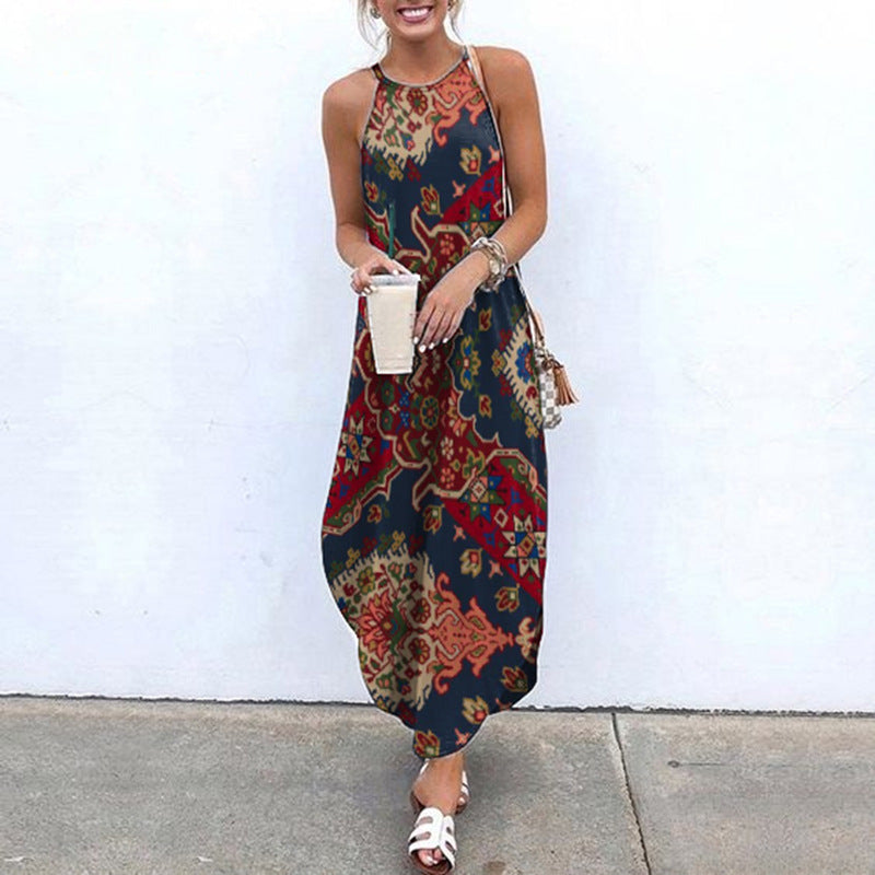 Women's Summer Boho Style Paisley Print Halter Neck Maxi Dress