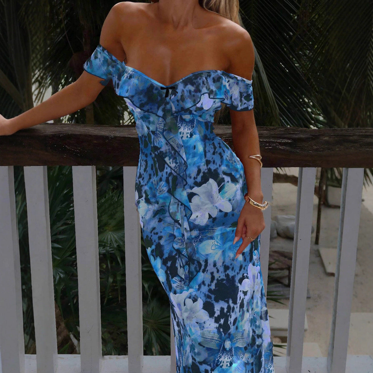 Women's Summer Sexy Floral Print Bodycon Off-Shoulder Maxi Dress