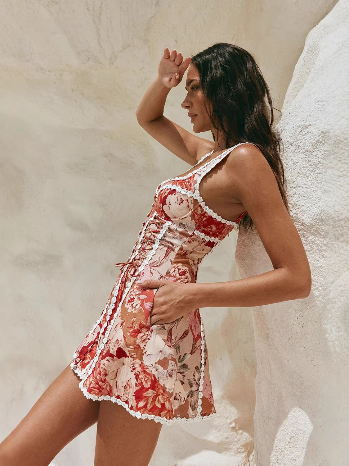 Women's Summer Vacation Floral Print Lace Sling Mini Dress