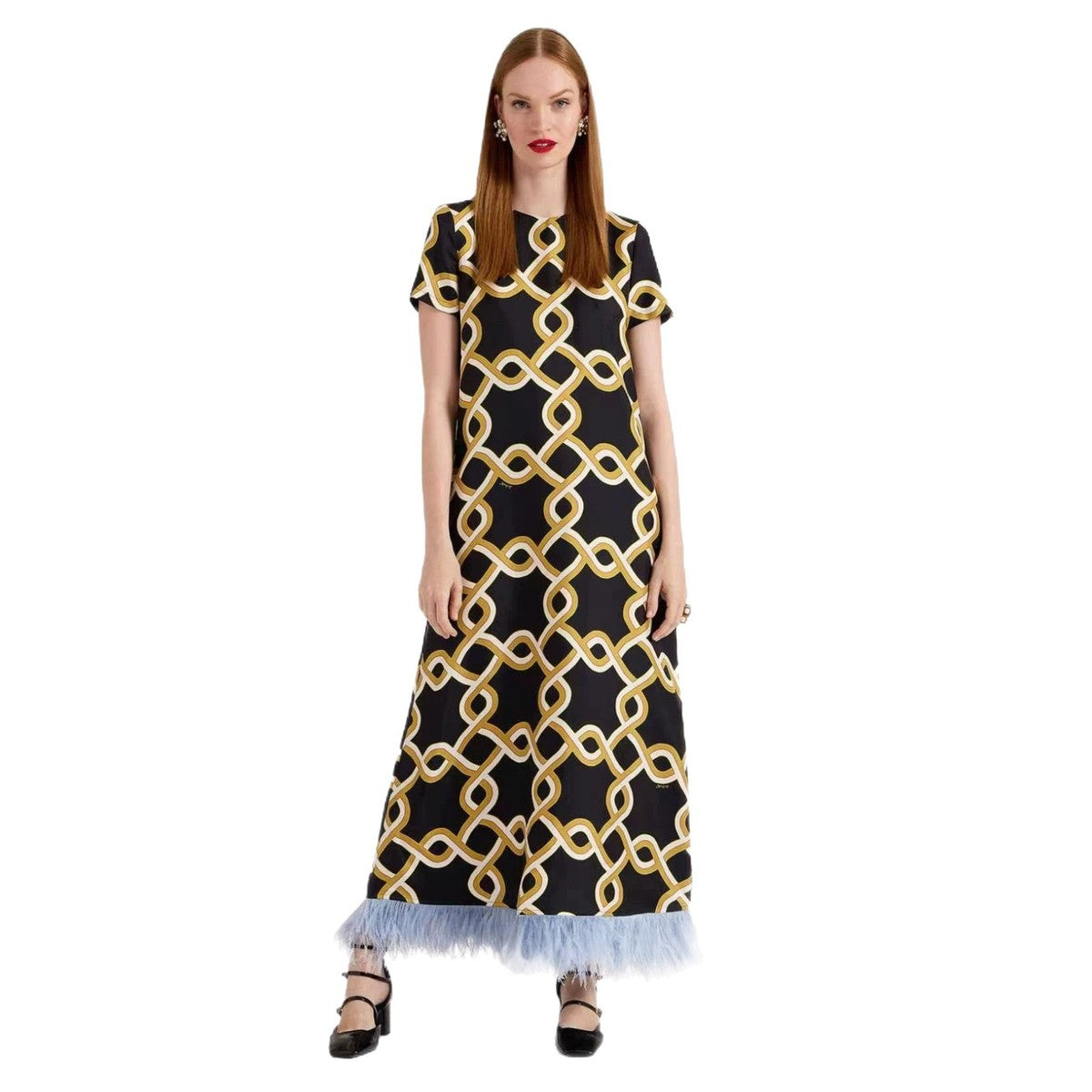 Women's Spring and Positioning Printed Feather Stitching Short Sleeve Dress