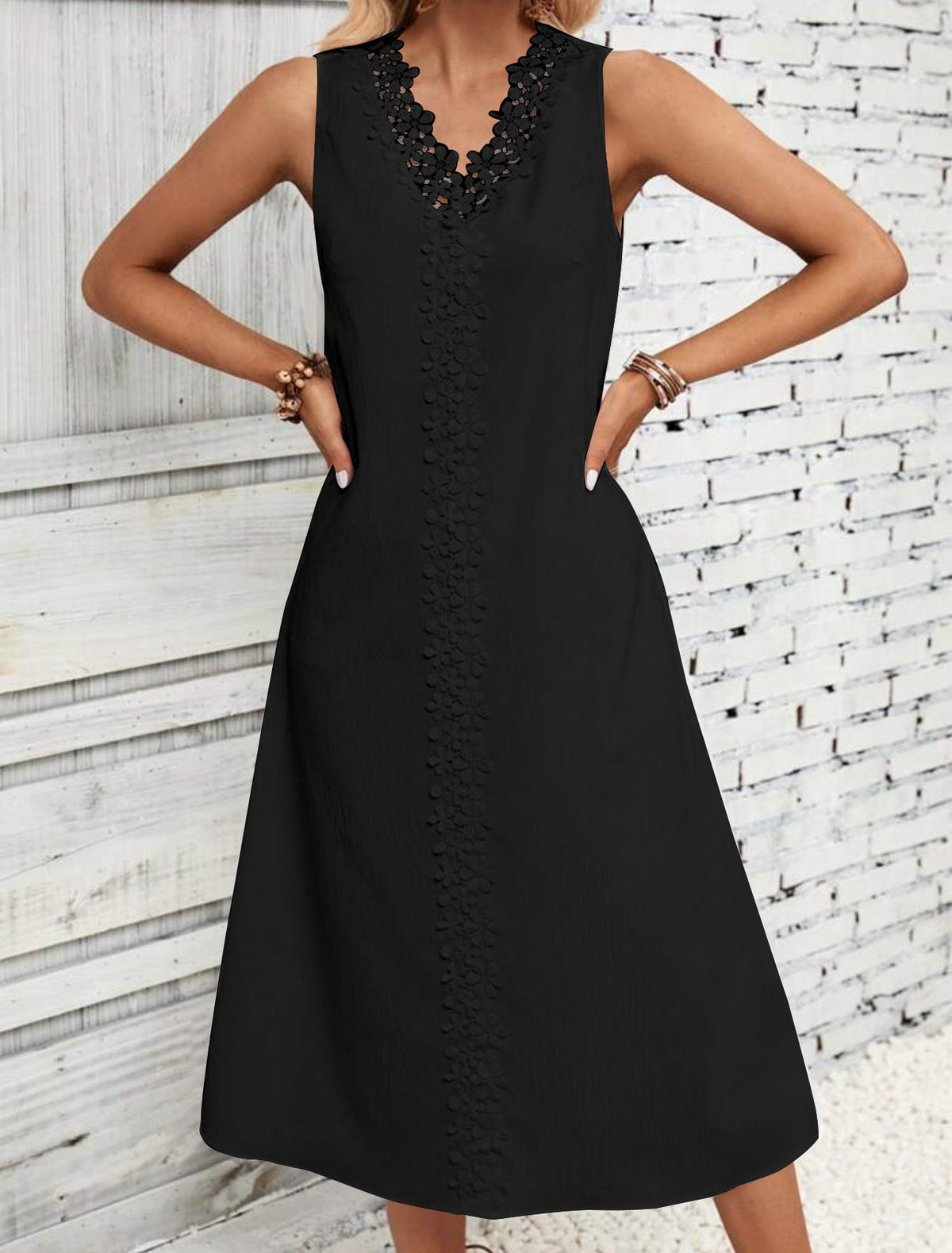 Women's Casual Summer Boho Vacation Solid Color Lace Stitching Sleeveless Dress